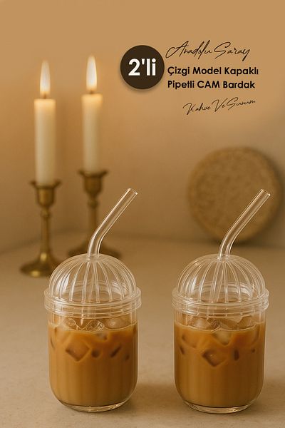 Anadolu Saray 2 Pieces Heat Resistant Borosilicate Line Model Cup with Lid and Straw Eggglass | Coffee Presentation Cup