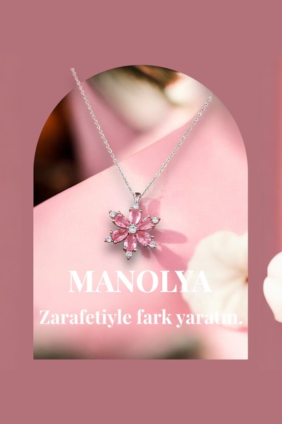 CAN SİLVER 925 Ayar Gümüş Pembe Zirkon Taşlı Manolya Çiçeği Gümüş Kadın Kolye-anneler Günü Özel