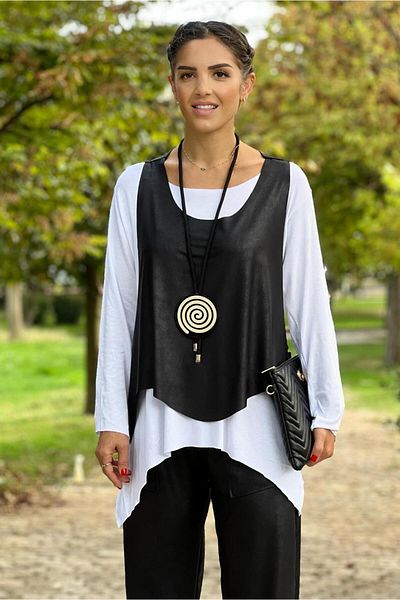 Nevin Kaya Moda Λευκό μακρυμάνικο κολιέ δώρο μπλουζάκι και δερμάτινο γιλέκο