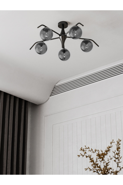 avizade Orlena Modern Siyah Gövdeli 5'li Füme Cam Küre Avize - Salon Ve Oturma Odası Için Şık Aydınlatma