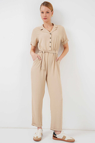 MEYLİYA RİBANA Kadın Gömlek Yaka Düğmeli Aerobin Kumaş Tulum