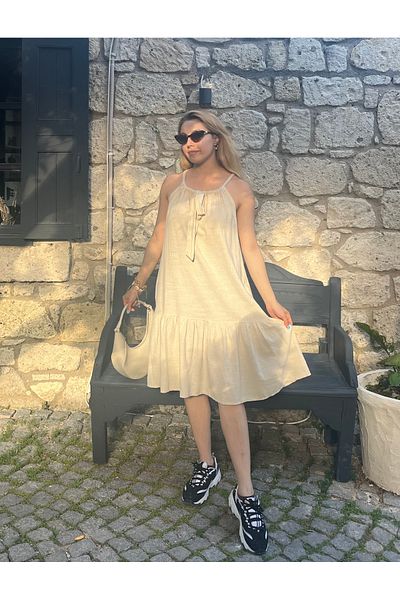 Çeşme Home Women's Beige Linen Summer Dress with Pockets, Adjustable Straps, Relaxed Fit, Local Production