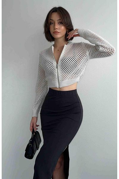 RECEP AYDIN Double Sided Zipper Openwork White Knitted Cardigan