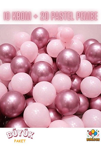 Bunloon Krom Pembe ve Pastel Pembe 30’lu Balon Seti | 10 Krom + 20 Pastel | P...