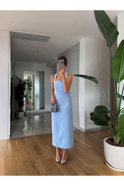 ASEDE Halter Neck Slit Detail U-Neck Strap Pencil Midi Dress