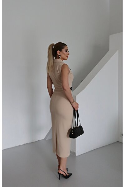 1Moda1Tarz Kadın Gömlek Yaka Astarlı Özel Broş Ve Düğme Detaylı Astarlı Tasarım Elbise