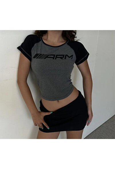 facnspt Жіноча коротка футболка з принтом «ARM» – сіра та чорна