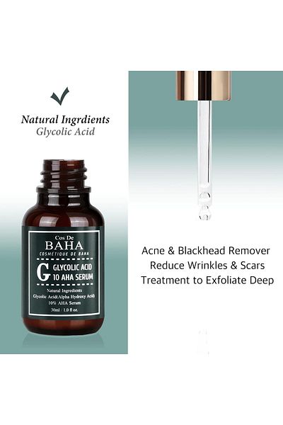 Cos De Baha Glycolic Acid 10% AHA Serum - Gentle Exfoliating Formula with Aloe & Green Tea - Professional Facial