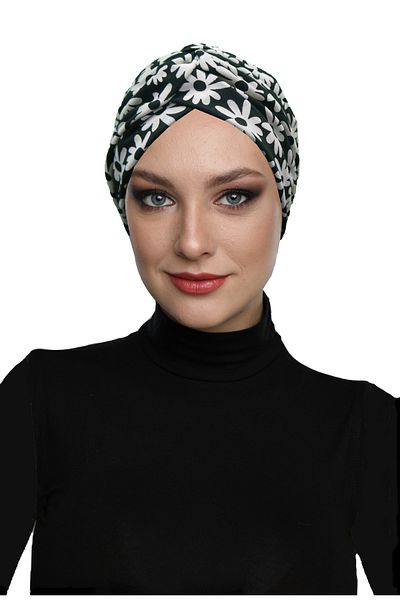 fidan bone Night Flower Patterned Cross and Band Detailed Lined Ready-Made Turban Hijab Pool Cap