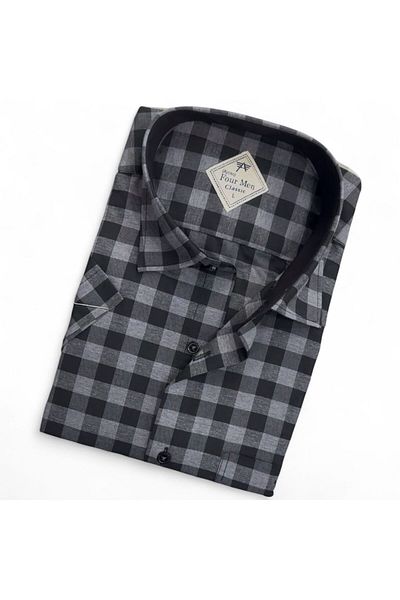 GÖMLEK GALERİSİ Men's Classic Relaxed Fit Checked Short Sleeve Shirt