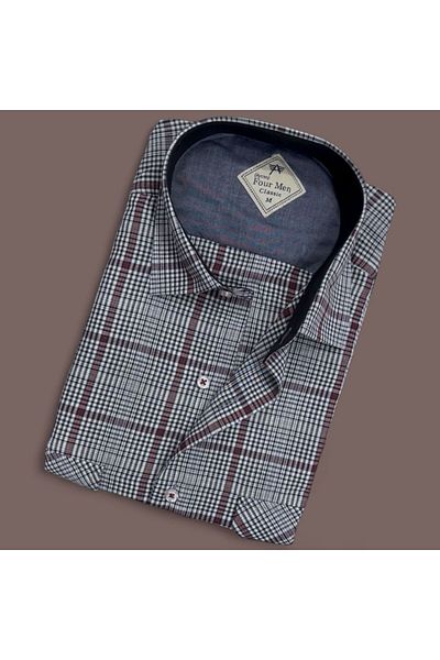 GÖMLEK GALERİSİ Men's Classic Relaxed Fit Double Pocket Plaid Short Sleeve Shirt