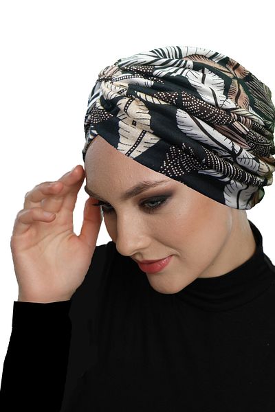 fidan bone Autumn Breeze Patterned Cross and Band Detailed Lined Ready-Made Turban Hijab Pool Cap
