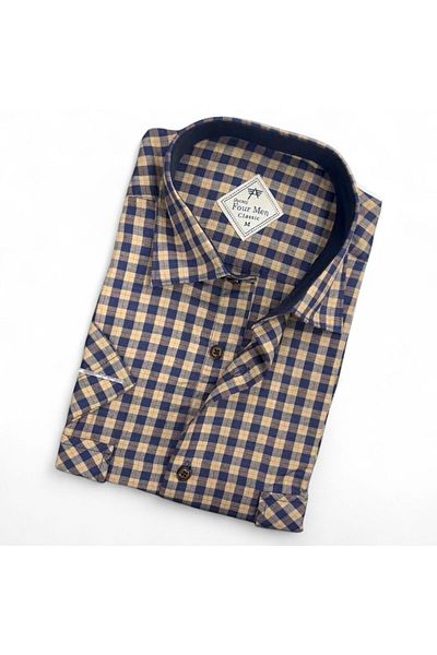 GÖMLEK GALERİSİ Men's Classic Relaxed Fit Double Pocket Plaid Short Sleeve Shirt
