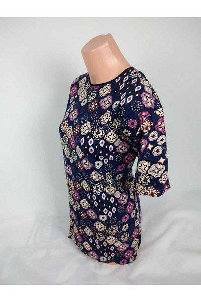 YAŞAR TRİKO Women's Navy Blue Pink Crew Neck Short Sleeve Patterned Slit Woven Viscose Mother Combed Cotton T-Shirt