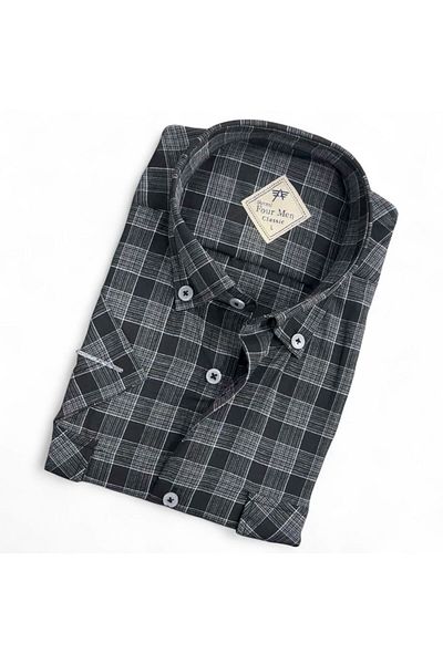 GÖMLEK GALERİSİ Men's Classic Relaxed Fit Double Pocket Plaid Short Sleeve Shirt