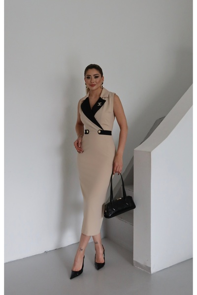 1Moda1Tarz Kadın Gömlek Yaka Astarlı Özel Broş Ve Düğme Detaylı Astarlı Tasarım Elbise