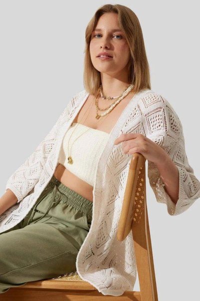 RECEP AYDIN Ajurlu Baklava Pattern Beige Cardigan