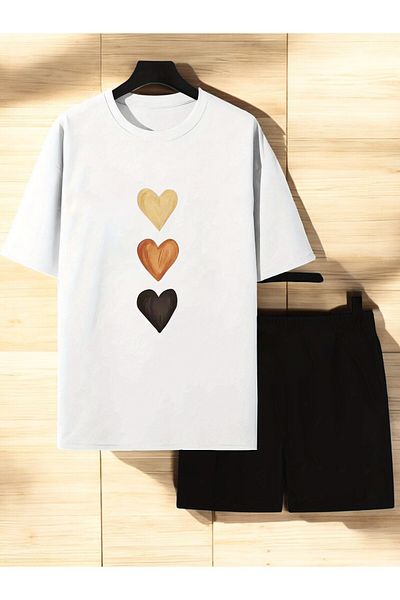 uyguntarz Unisex 3 Heart Printed Design Shorts Set
