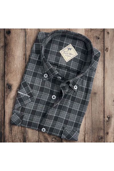 GÖMLEK GALERİSİ Men's Classic Relaxed Fit Double Pocket Plaid Short Sleeve Shirt