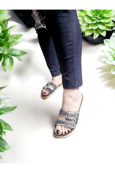 AkınalBella Natural Stone Detailed Double Buckle Comfortable and Stylish Home and Outdoor Slippers