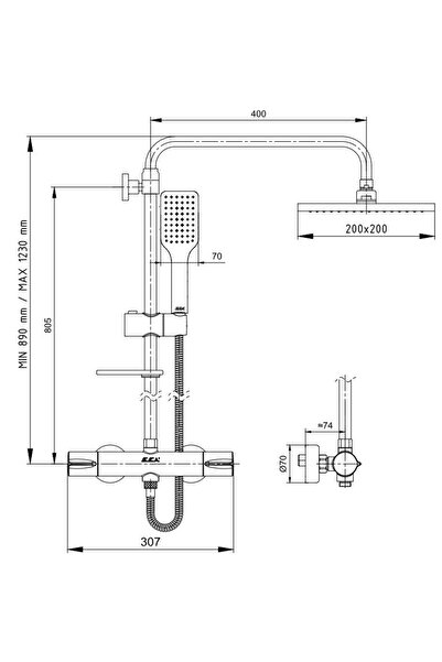 Eca Termostatik Teleskobik Kolonlu Banyo Duş Bataryası 102102490 Isı Ayarlı Tepe Duş Seti Takımı