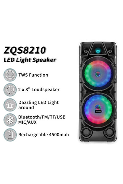 Primo Plus مكبر صوت بلوتوث ZQS8210 مع بطارية قابلة لإعادة الشحن وإضاءة RGB، يدعم TWS وFM وUSB وميكروفون