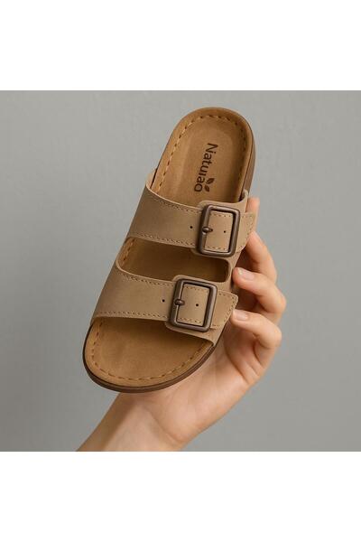 GEZER Bej Nubuk Deri Tabanlı Yüksek Taban Tokalı Terlik