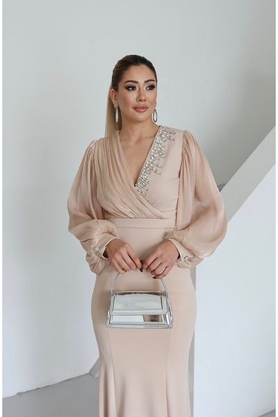 1Moda1Tarz Γυναικείο Ειδικό Σχεδιασμένο Φόρεμα με Εισαγόμενο Scuba Crepe υφασμάτινο μανίκια και σιφόν στήθος με επένδυση από πέτρα