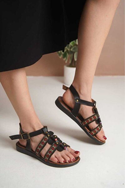 ünverdi Sandale de damă, cu bandă din piele naturală, cu talpă plată reglabil...