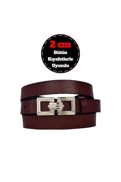 GoDeri 100% Genuine Leather, Silver Buckle Thin 2 cm Claret Red Women's Dress, Trouser Belt; Square+Square