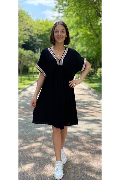 Hazinedan Mini Size V-Neck Ribbed Detailed Summer Dress