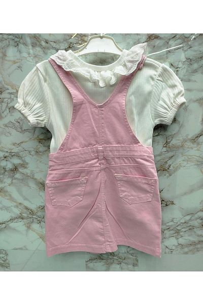 XORVİO Girl Pink Color Butterfly Pattern Dress with Pocket 2-Piece Set Short Sleeve T-Shirt Adjustable Strap Salopet