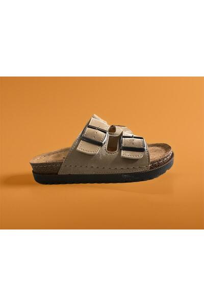 GEZER Bej Nubuk Deri Tabanlı Yüksek Taban Tokalı Terlik