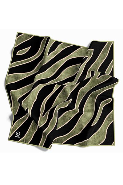 VİOLLA Khaki Color Crystal Zebra Floral Print 90X90 Scarf - Silk Free, Hand Stitched