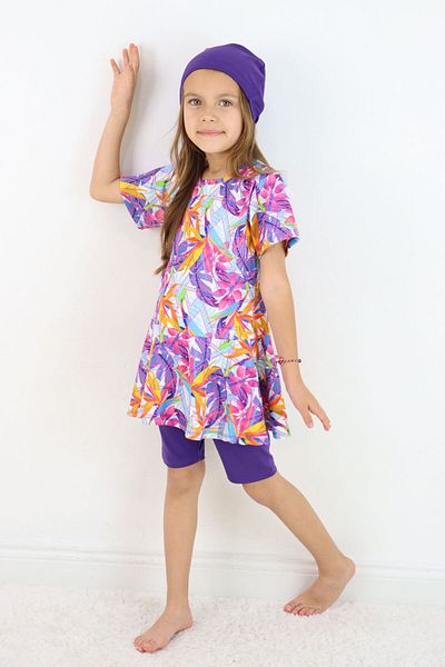 Harika KIDS Girl's Crew Neck Skirted Swimsuit and Leggings Bonnet Included.
