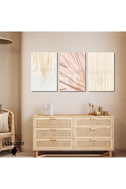 GAAGART 3'lü Kanvas Salon Duvar Tablosu Kumaş ve Makrome İpi Deseni