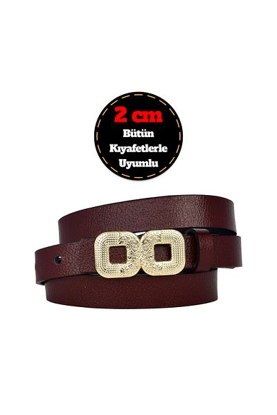 GoDeri 100% Genuine Leather, Thin 2 cm Claret Red Women's Belt with Gold Color Buckle; Dress, Trouser Belt_Gözkar