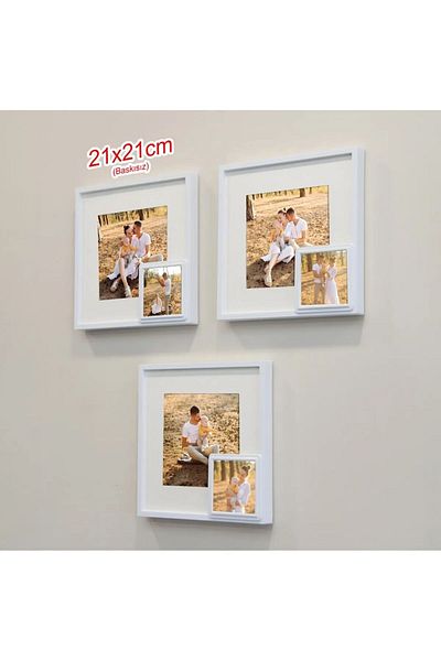 LİFE GLOBAL White 21X21Cm Square Photo Frame with Adhesive Puppy Detach and Paspart - Pack of 3