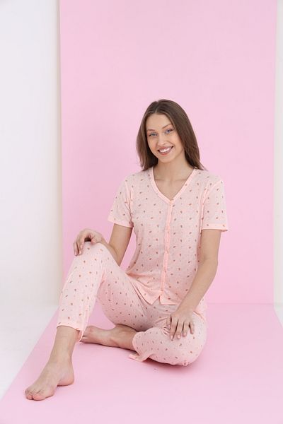 ELİTOL Jacquard Viscose V-Neck Buttoned Pajama Set