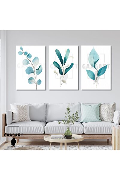 GAAGART 3'lü Kanvas Salon Duvar Tablosu Su Yeşili Boho Yapraklar
