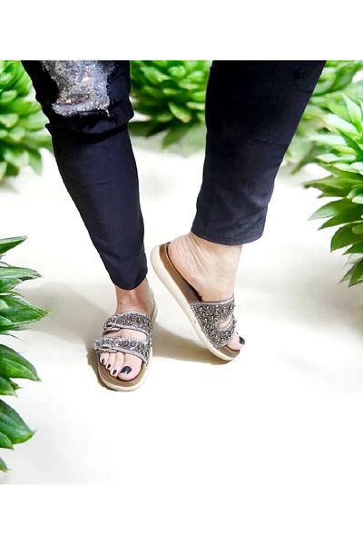AkınalBella Natural Stone Detailed Double Buckle Comfortable and Stylish Home and Outdoor Slippers