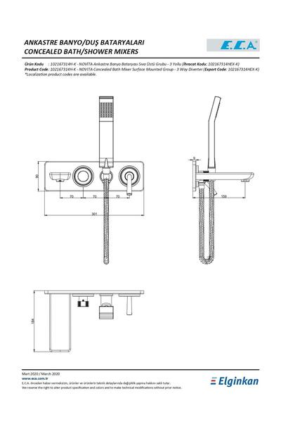 Eca Novita Ankastre Banyo Bataryası Duşlu 3 Parça Set / 3 Yollu ECA.ANKSET.BD304