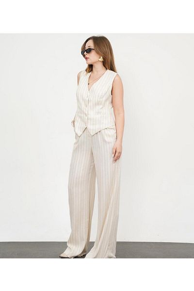 FEMİNEER.com Striped Linen Palazzo Vest Pant Suit
