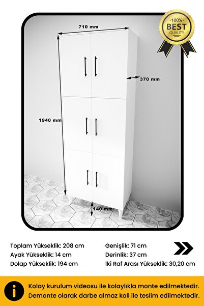 B3 Concept Geniş Hacimli 6 Kapaklı 6 Raflı Çok Amaçlı - Kolay Kurulum - Mutfak Balkon Banyo Erzak Kiler Dolabı