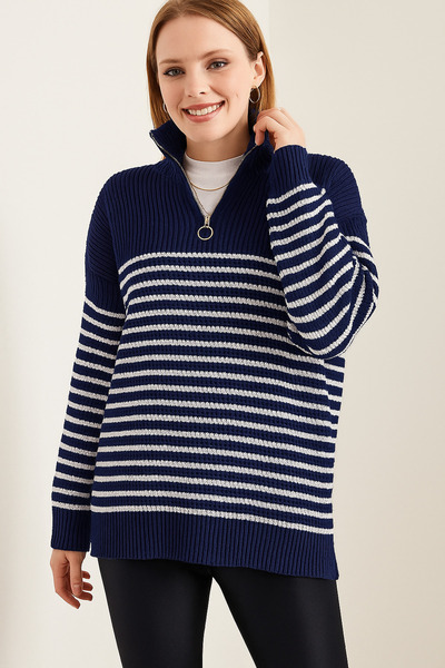 Cloudy Kids Γυναικείο πουλόβερ με ριγέ πλεκτό με φερμουάρ