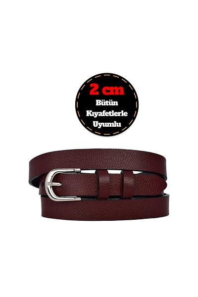GoDeri 100% Genuine Leather, Thin 2 cm Burgundy Women's Belt with Silver Buckle; Dress Belt, Trouser Belt_Düz