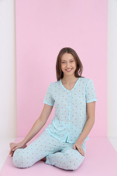 ELİTOL Jacquard Viscose V-Neck Buttoned Pajama Set
