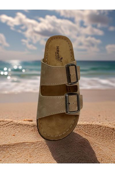 GEZER Beige Nubuck Leather Sole High Sole Buckle Slippers
