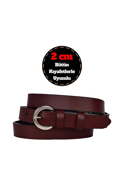 GoDeri 100% Genuine Leather, Thin 2 cm Burgundy Women's Belt with Silver Buckle; Dress Belt, Trouser Belt_Boval