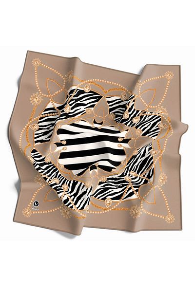 VİOLLA Beige Zebra Print Twill Scarf - 90X90, Silk Free, Edge and Hand Stitching Detail